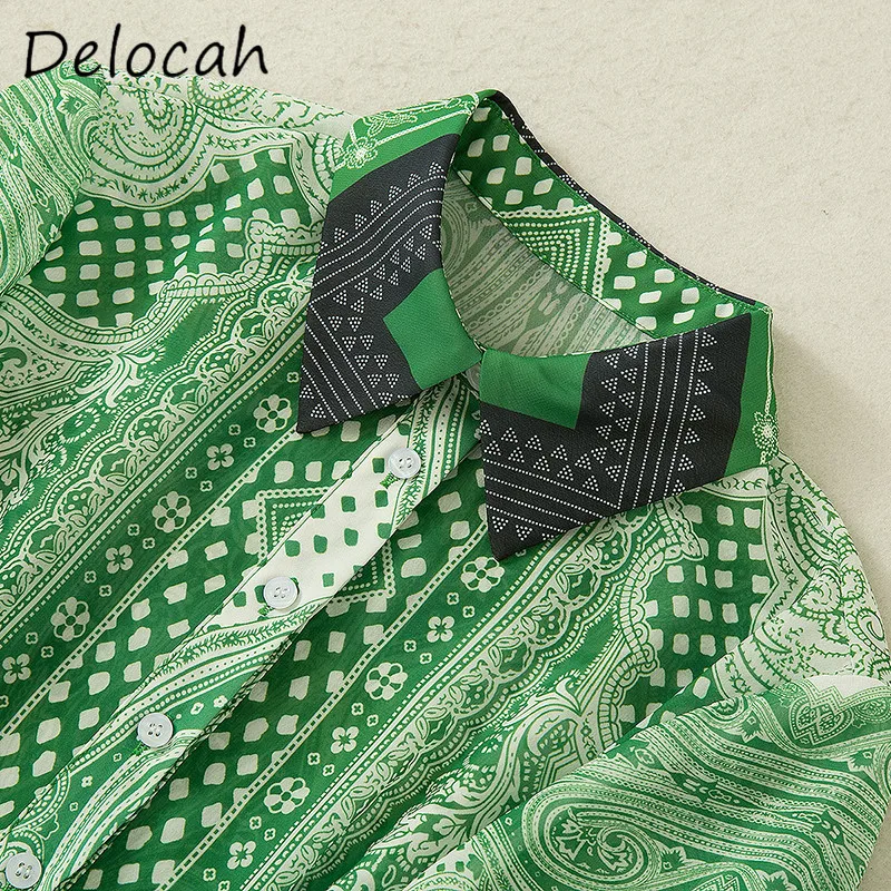 Deloach Primavera/Verano moda mujer cuello abatible solo pecho estampado geométrico con cordones media manga vestido de longitud media