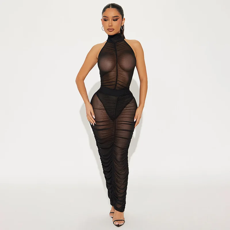 

Women Sexy Ruched See Through Mesh 2 Piece Set Turtleneck Sleeveless Bodysuits Tops + Bodycon Maxi Skirts Party Clubwear Suits
