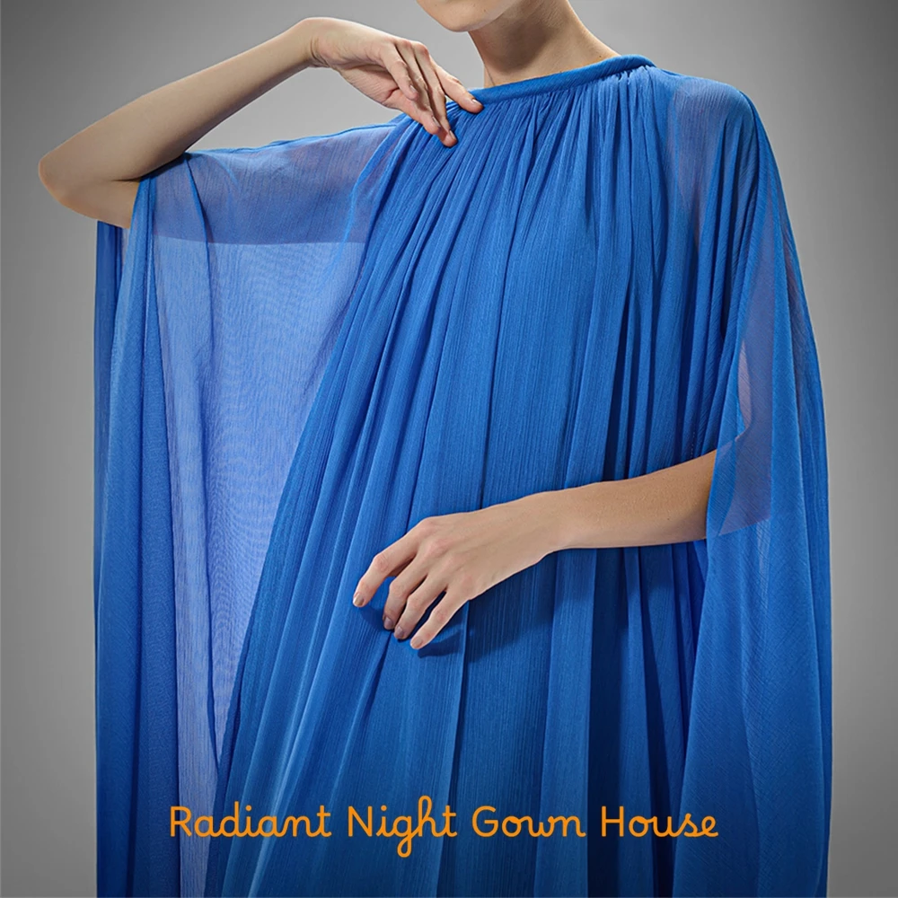 Durchsichtiges blaues Chiffon-Abendkleid mit langen Ärmeln, maßgeschneiderte Kleider für besondere Anlässe, zarte Ballkleider mit O-Ausschnitt