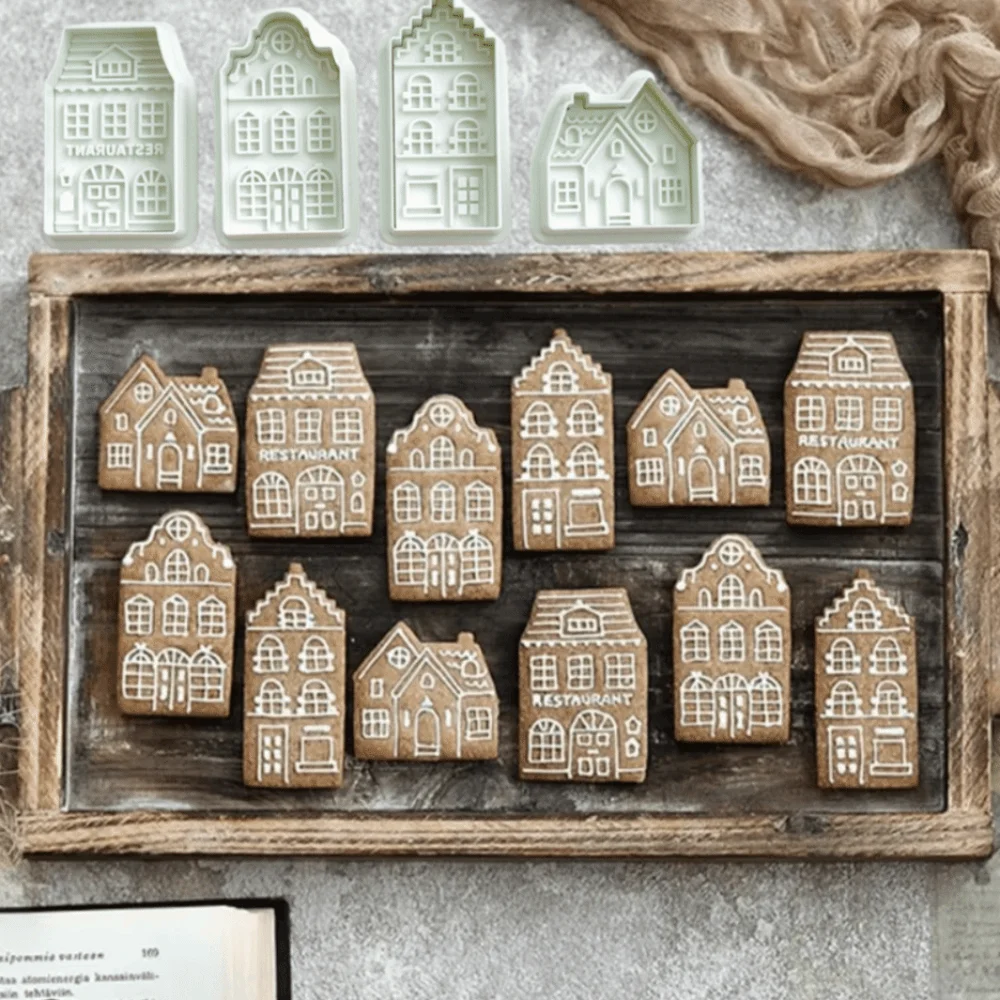 4 Piece 3D Embossed Christmas Gingerbread House Cookie Cutter Easy De-molding Cartoon Fondant Molds Spring Press Design Green
