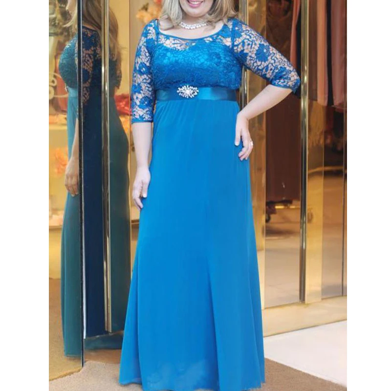 

Blue Plus Size Long Mother of The Bride Groom Dresses for Wedding Chiffon Lace Scoop o Neck 3/4 Sleeves Women Empire Waist Belt
