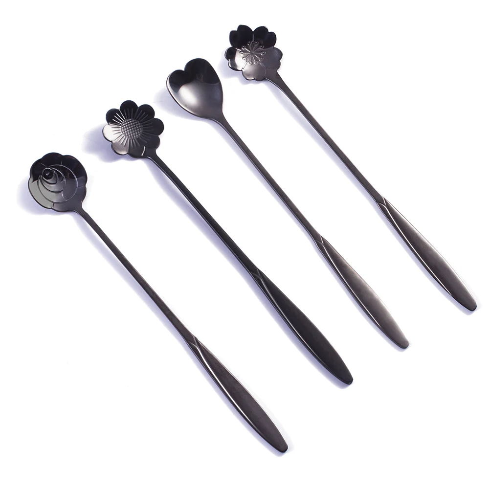 

3 pcs StainlessSteel HighPolish Flower Shaped Stirring Spoons LongH AntiRust Bar Coffee IceCream Spoon