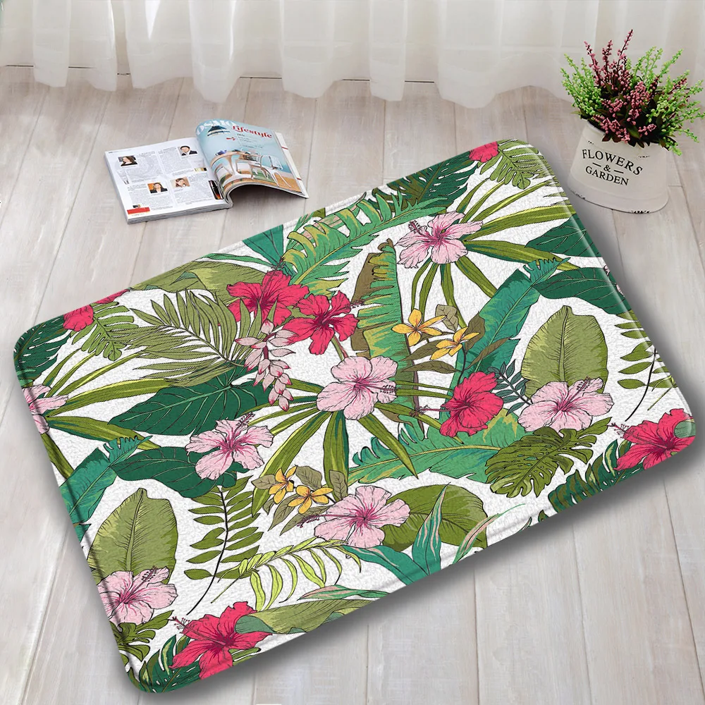 Green Leaf Bathroom Mat Tropical Plant Flower Farm Watercolor Palm Tree Doorway Kitchen Absorbent Non Slip Rug Flannel Home Deco