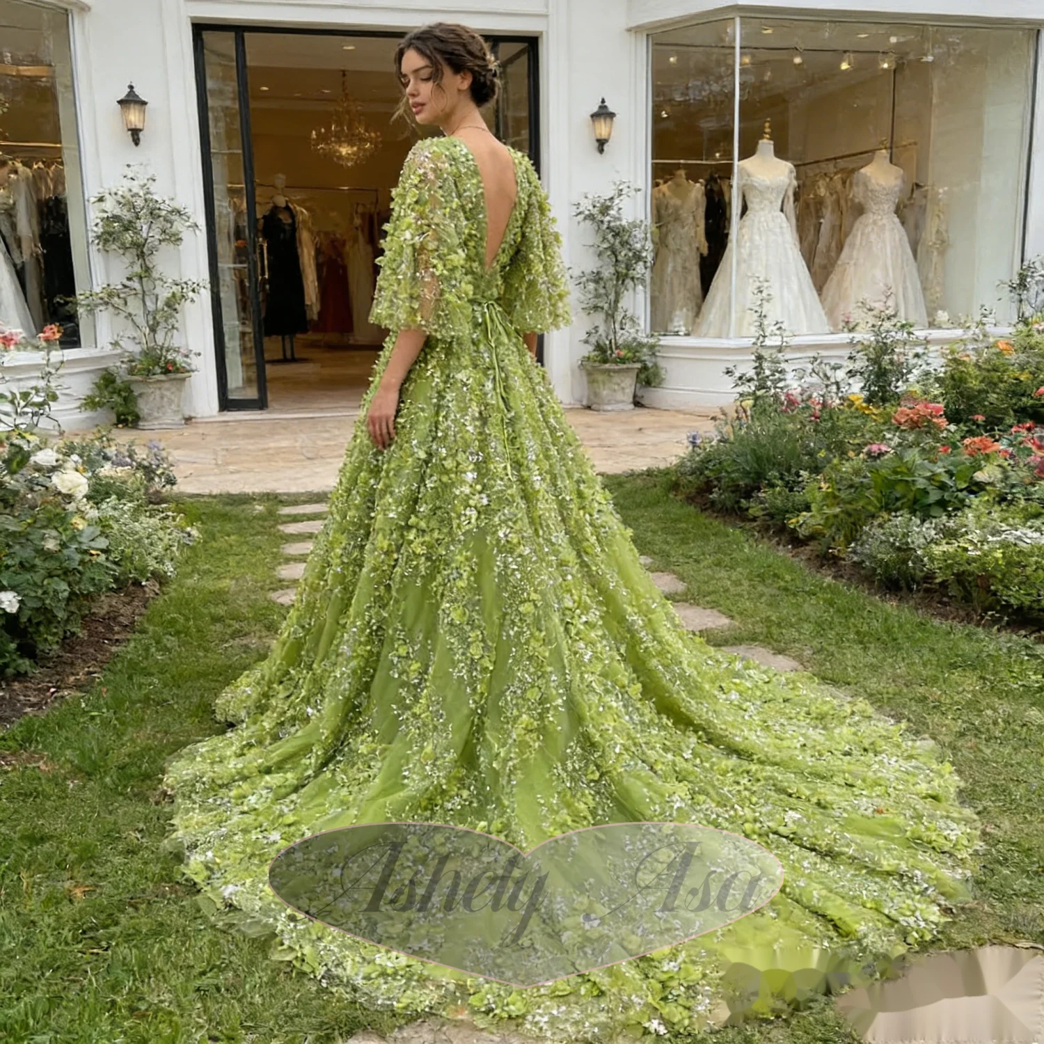 Customized Sage Green Luxury Prom Dresses 2026 V Neck Short Sleeve A Line Long Crystal Flower Women Evening Formal Dress Party view 3