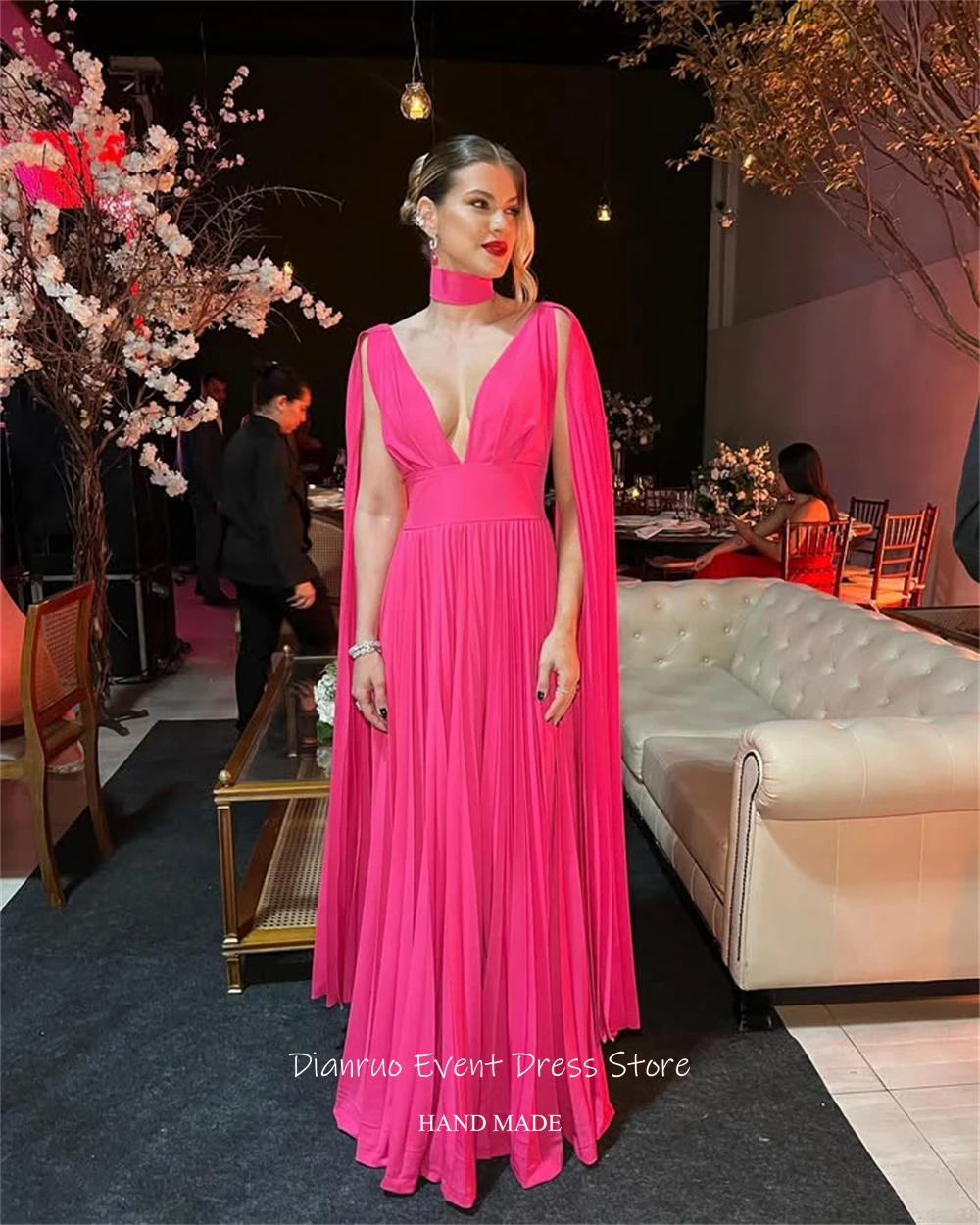 فساتين سهرة Dianruo فوشيا مكشكشة بدون ظهر ورقبة على شكل V عميقة من الشيفون رداء De Soirée مثير فيستدوس دي فييستا أنيقة مخصصة #3