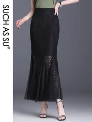 SUCH AS SU High Quality Women'S  Autumn Summer Spring 2022 Black Lace Mermaid High Waist S-3XL Ankle-Length Slim Female Skirt