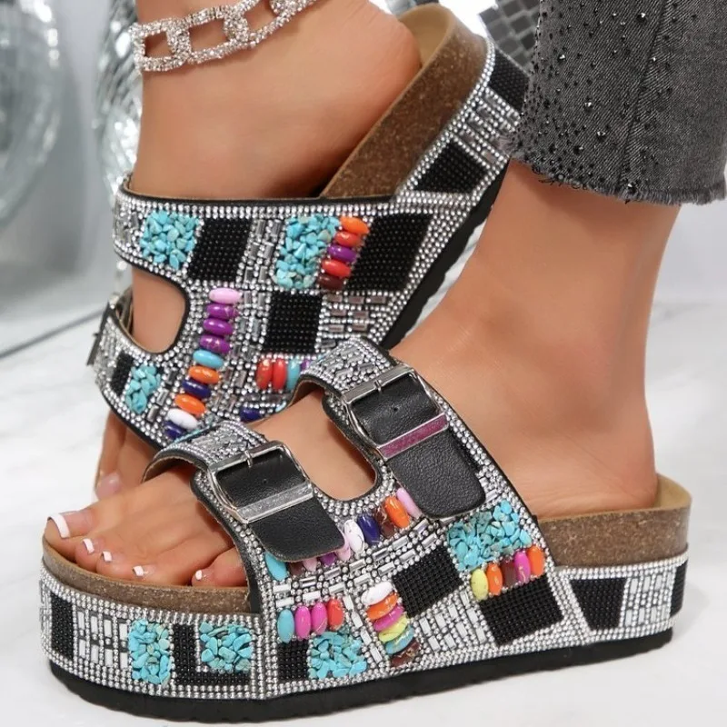

Summer New Large Size Women's Slippers Outdoor Wear Thick Bottom Color Block Slippers Diamond Double Buckle