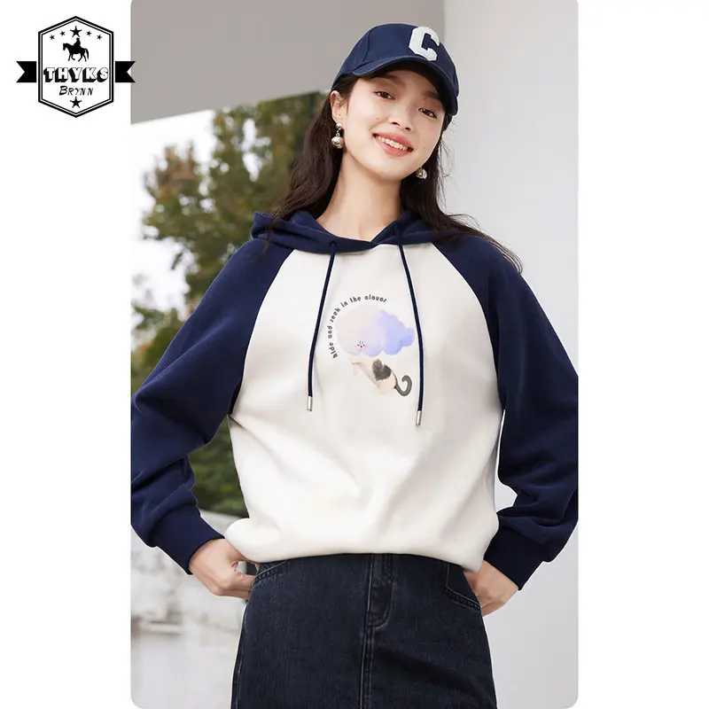 

Cartoon Cloud Printed Hoodies Sweater Women's Autumn Winter Long Sleeve Contrast Knitwear Harajuku Unisex Jumper Sweatshirt Coat