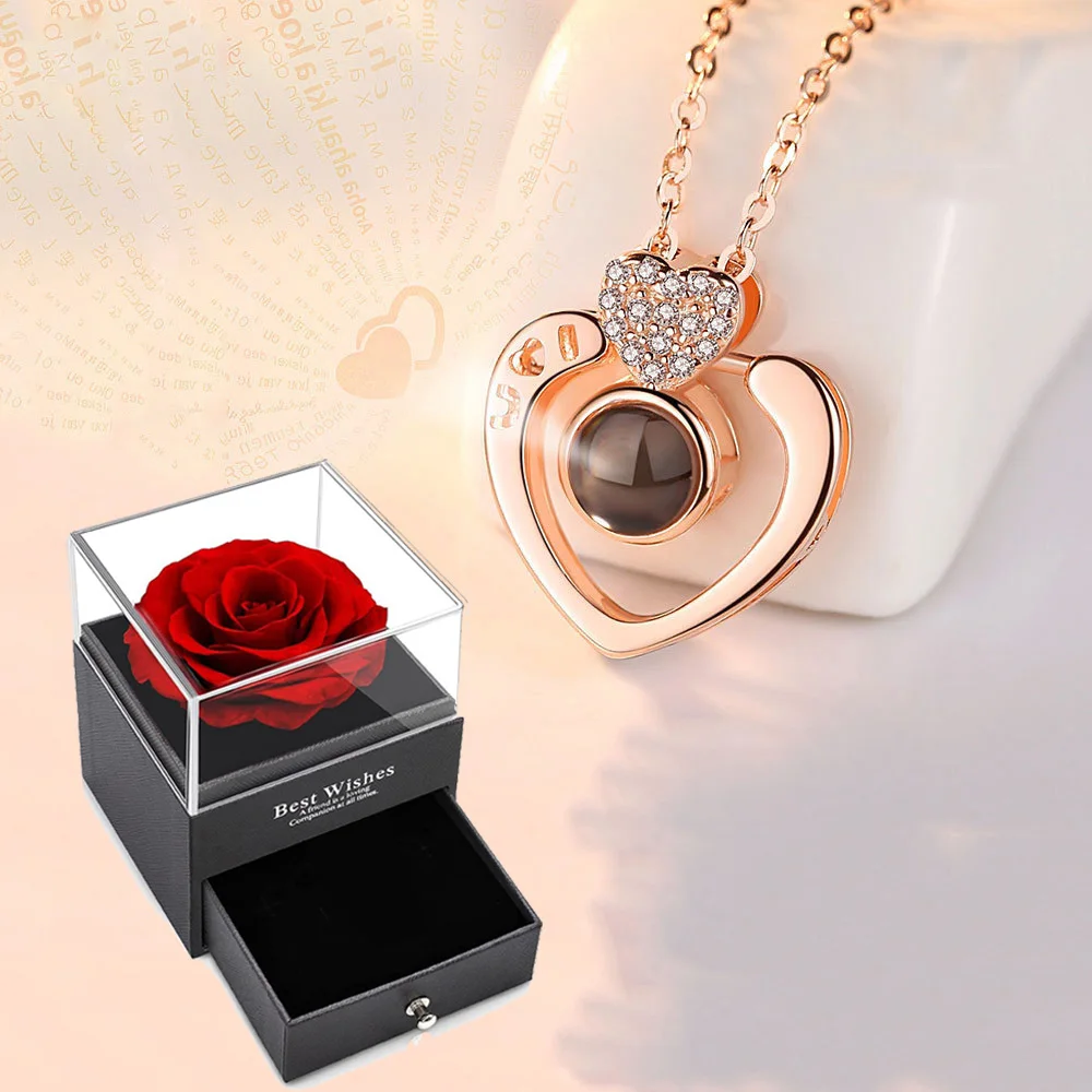 One Hundred Languages ​​​​projection Heart-shaped Pendant Necklace With Rose Gift Box Women's Jewelry 2024 Christmas Halloween