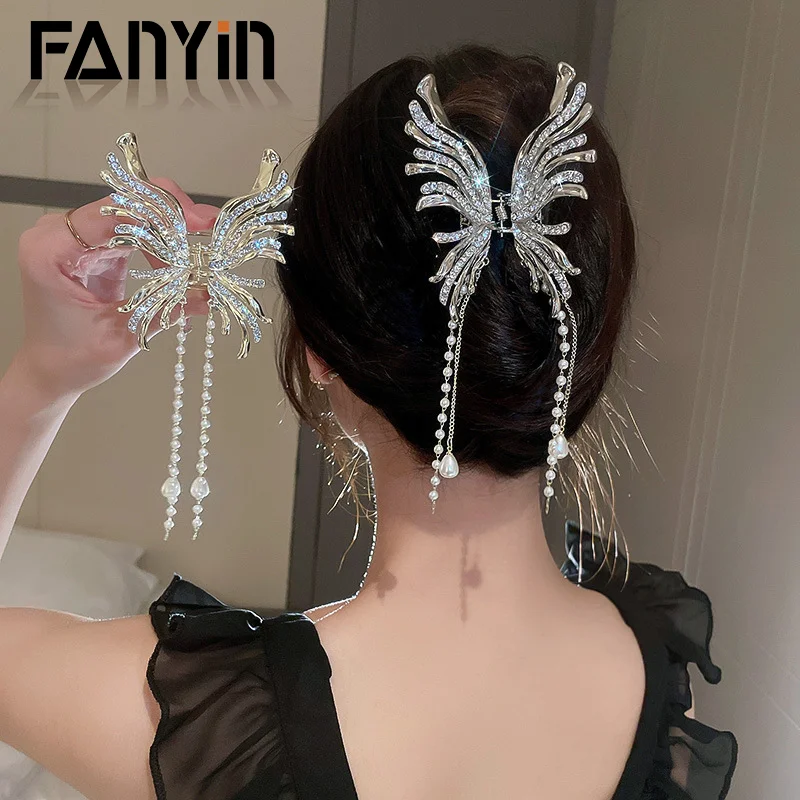 

FANYIN Butterfly Pearl Tassel Hair Clip for Women Latest Fashion Zircon Shark Clip