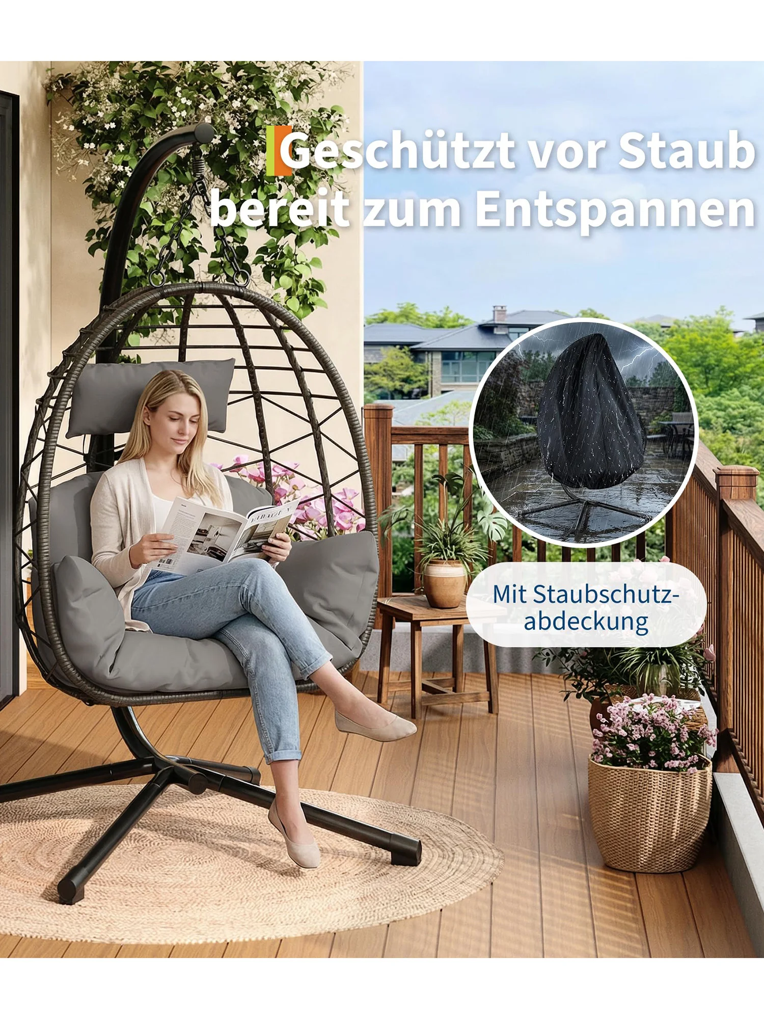 Hängesessel mit Ständer, wasserdichtem Kissen & Kopfstütze, Lounge-Hängematte mit Regenschutz für drinnen, draußen, Garten, Terrasse, Balkon