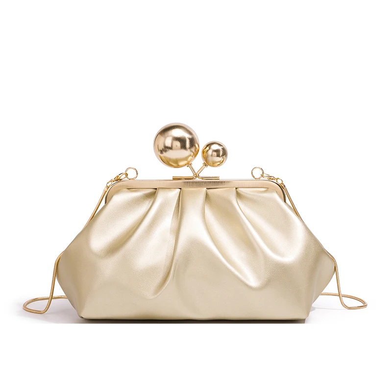 Pasticcino Pleated Clutch Bag with Double Ball Metal Clasp Chain Strap Leather Evening Handbag for Women Party Wedding Purse