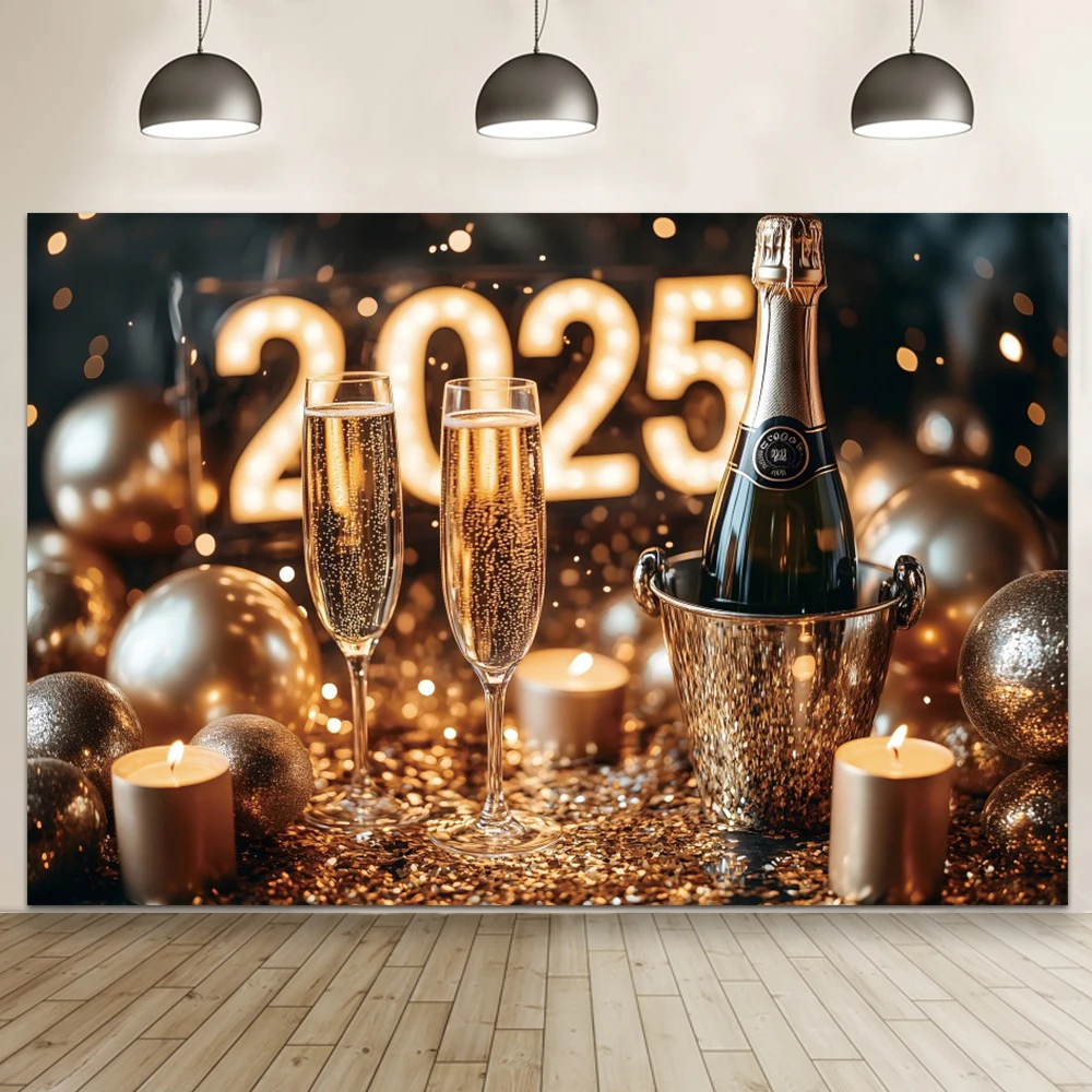 2025 Happy New Year Party Backdrop Fireworks Clocks Champagne Gold Balloons Home Party Banner Decoration Photography Backgrounds