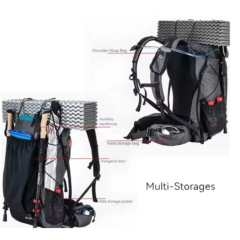 Ultralight Backpack 60+5L/40L With Frame Waterproof Travel Bag Large Capacity Camping Outdoor Hiking With Rain Cover