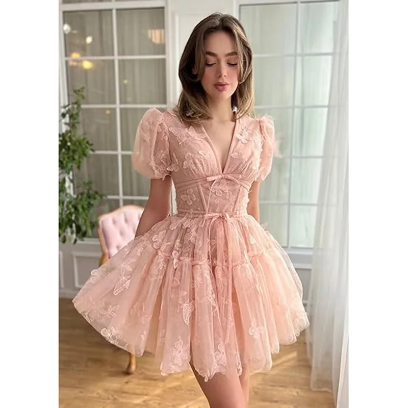 

Bridesmaid Flower Skinny V-Neck Short Sexy Birthday Dress Stage Performance Dresses Chic And Sweet Evening Performance Outfits