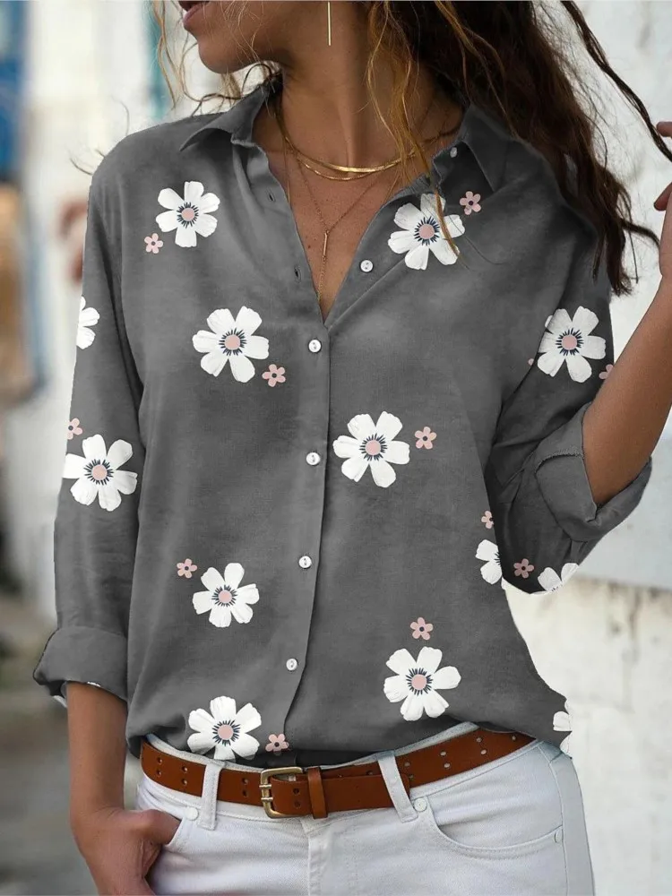 Spring Summer Women's Clothing New Fashion Floral Print Lapel Long Sleeved Casual Loose Button Slim Comfortable Shirt