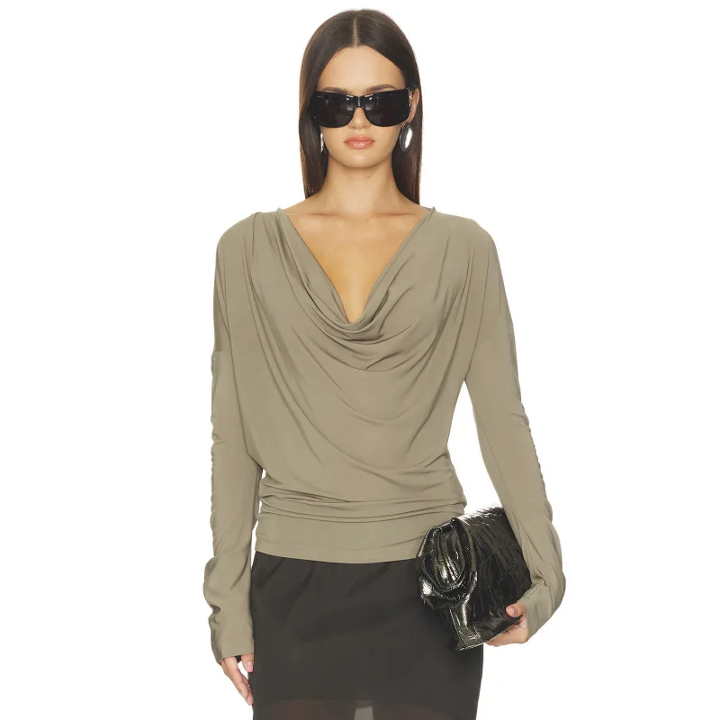 Cowl Neck Long Sleeve Top Reversible Backless Draped Blouse Loose Dolman Sleeve Y2K Casual Shirt