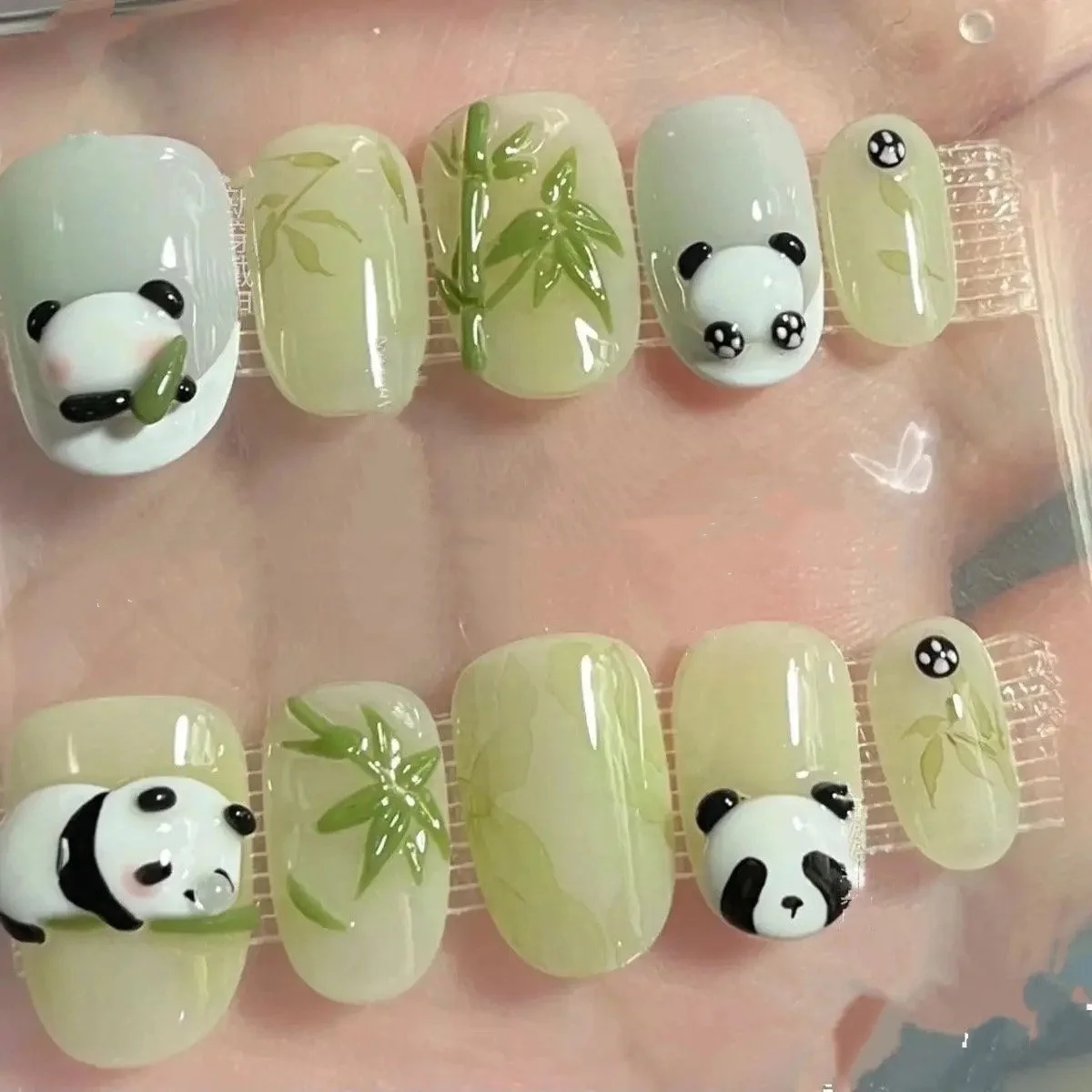 

Cute 3D panda custom press-on nails, hand-painted bamboo elegant and exquisite false nails, reusable high-quality nails