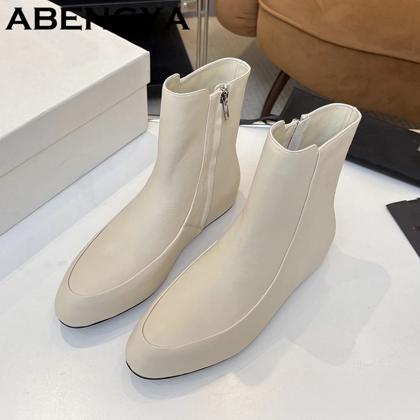 2025 الخريف موجزة جلد طبيعي حذاء من الجلد النساء جولة تو الجانب سستة تشيلسي الأحذية الإناث النمط البريطاني قصيرة بوتاس موهير #2