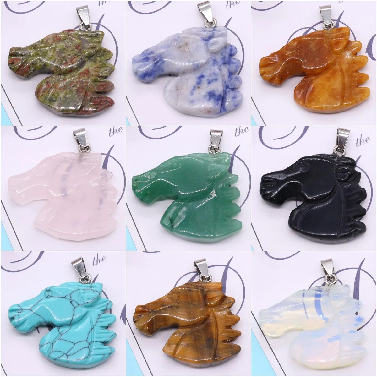 

Natural Stone Quartz Crystal Tiger Eye Green Aventurine Hand Carved Horse Head Pendant for DIY Jewelry Making Necklace Accessory