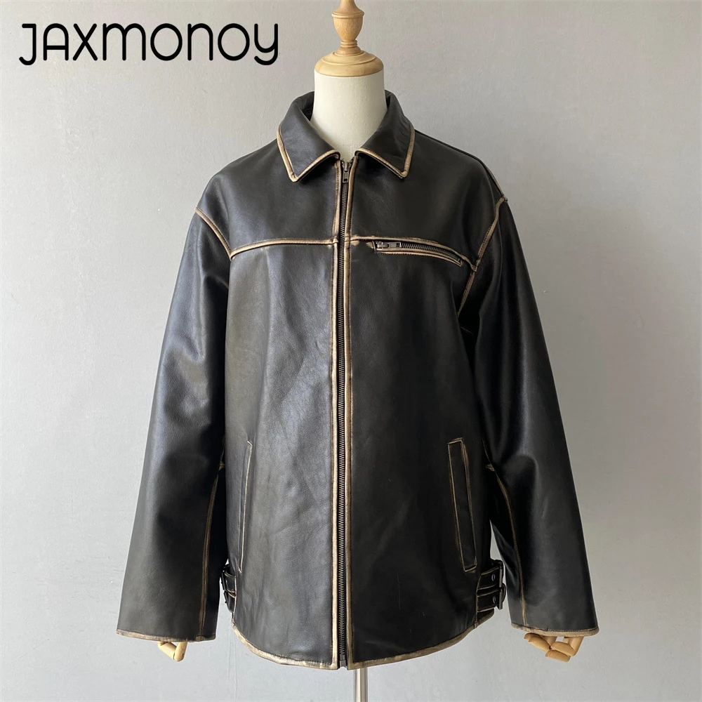 Jaxmonoy-casaco de pele de carneiro feminino, jaqueta de couro real solta para senhoras, couro genuíno high-end, blazer feminino, novo estilo, outono