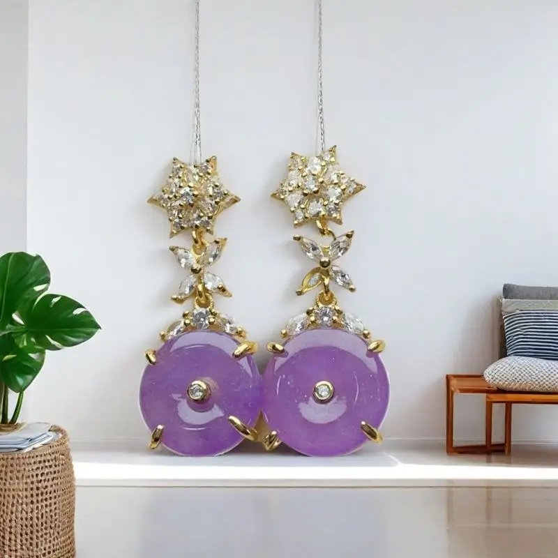 

Myanmar natural inlaid violet safety buckle inlaid jade earrings, earrings, luxury super fairy, no fading for wife