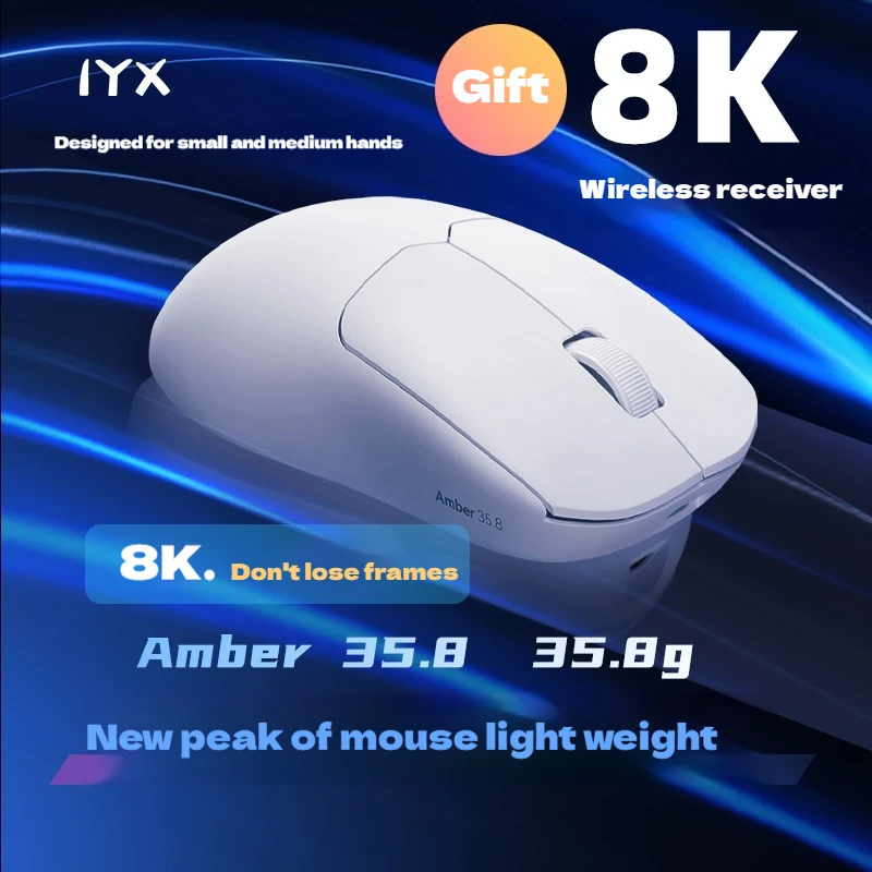 Iyx Am35.8g ماوس ألعاب لاسلكي خفيف الوزن فئة 8k Paw3395 استجابة سريعة ماوس صغير الأيدي للرياضات الإلكترونية والاستخدام المكتبي