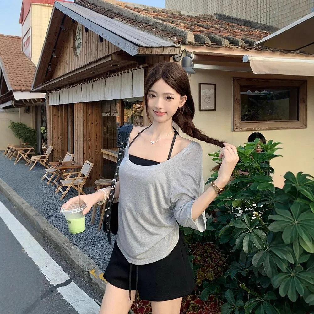 Loose Short Sleeve Women's T-shirt Korean Style Pure Desire Necklace Strap Casual Summer Fashion Set Trendy Cotton Top
