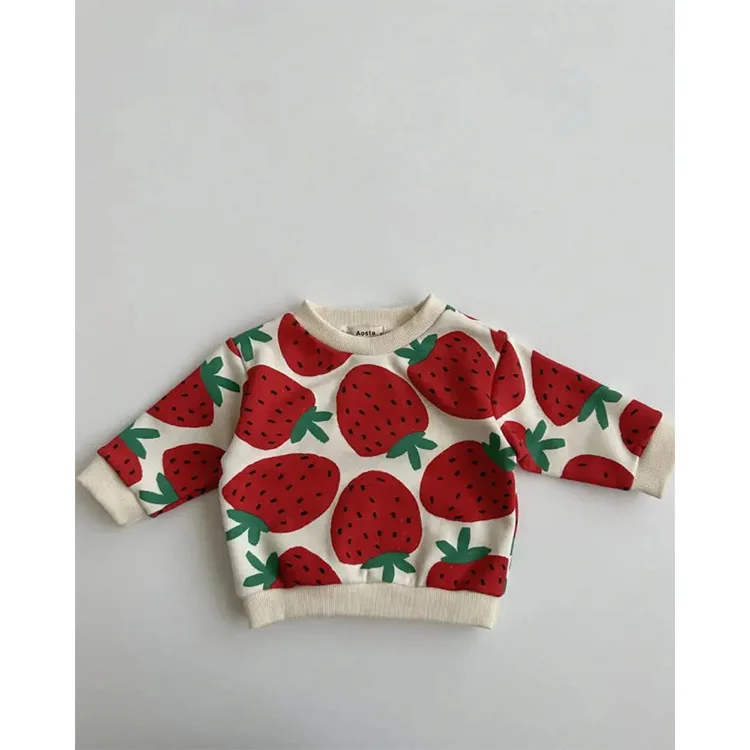 2024 Autumn New Girls Strawberry Print Sweatshirts Cotton Children Long Sleeve Tops Versatile Casual Baby Pullover Kids Clothes