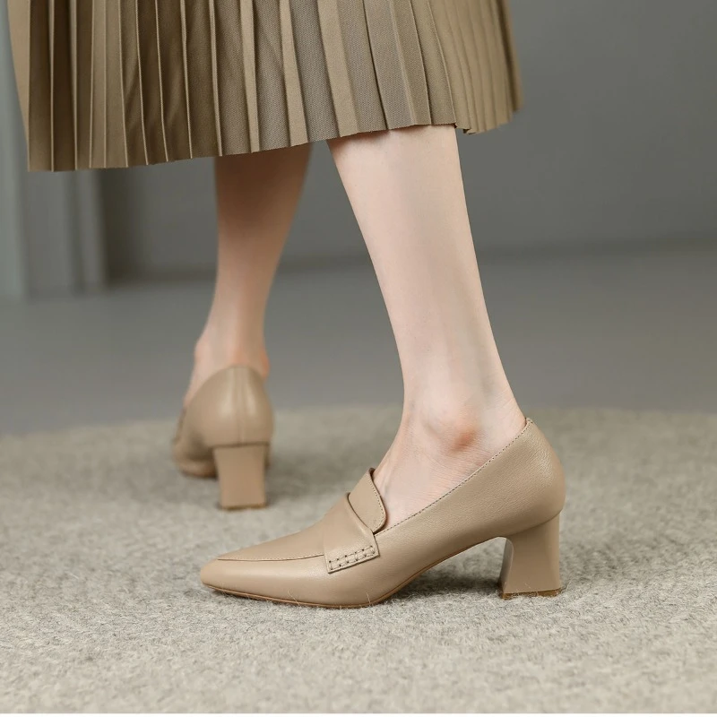 2024 New Spring Autumn Women's Shoes Soft Leather Rough Heel High Heel Shoes Pointed Toe Women's Autumn High Small Leather