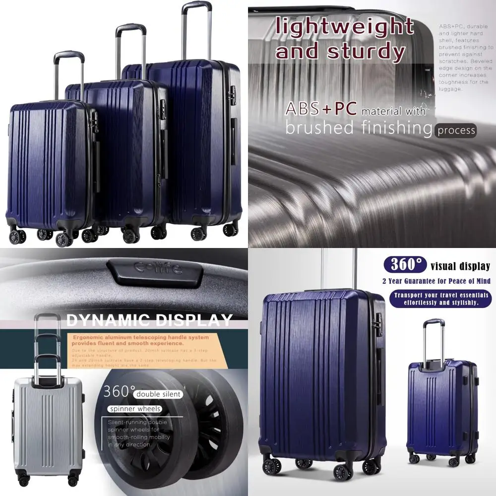 

Набор легких чемоданов-спиннеров — замок TSA, твердый корпус ПК + АБС-пластик, багаж из трех предметов, все необходимое для путешествий темно-синего цвета