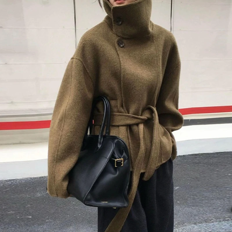 Autumn Winter New High-necked Fashion Loose Double-sided Woolen Coat Women's Vintage Lace-up Warm Women's Clothing