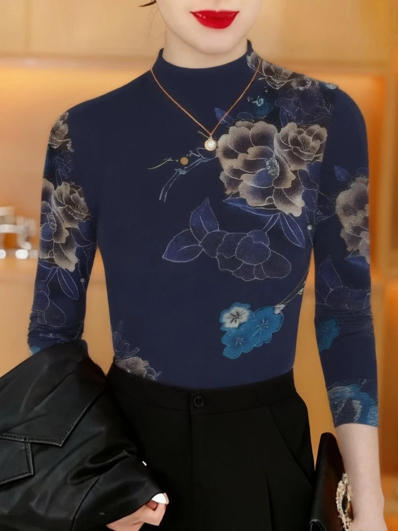 

Thickened Fleece Long Sleeve Floral Print Base Shirt Half High Collar Warm Top for Middle-Aged And Elderly Women Mom Style