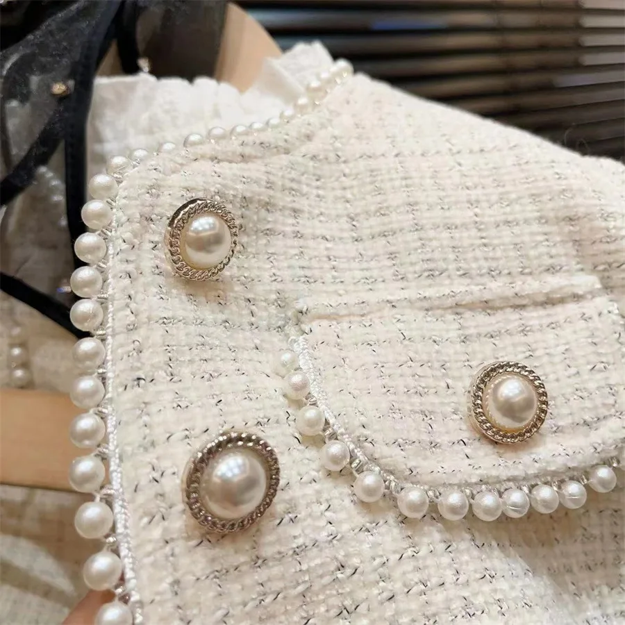 Girls Suit Spring and Autumn Korean Fashion Solid Color Pearl Button Childrens Coat Skirt Two Piece Set
