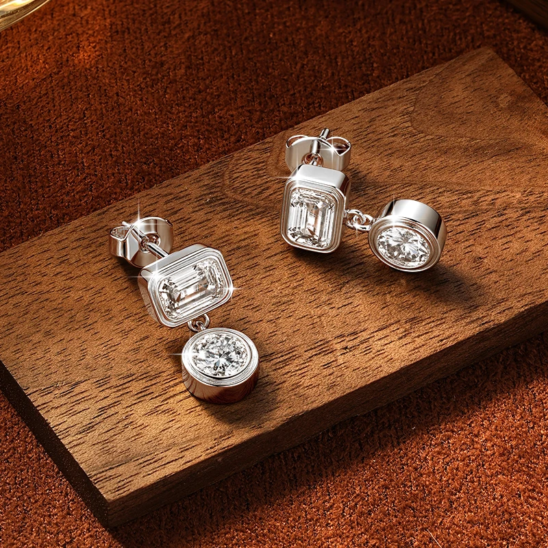 Rrjzz 5 mm runder Moissanit-Ohrring mit 4 x 6 mm Smaragdschliff, kubischer Zirkonia, Verlobungs-Ohrstecker für Frauen, baumelnde Ohrringe, Schmuck, Geschenke – Detail 3
