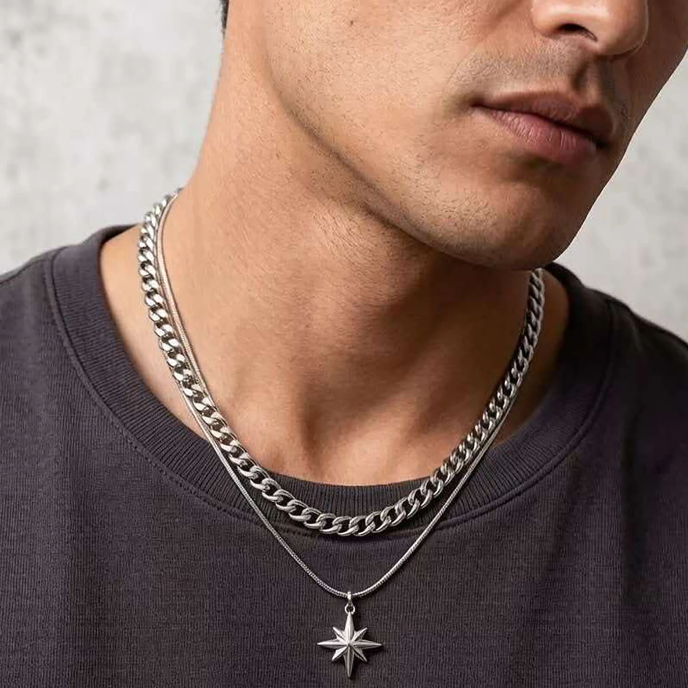 2-piece set, non-fading eight-pointed star necklace, unisex, high-end, cool and stylish design, niche pendant accessory