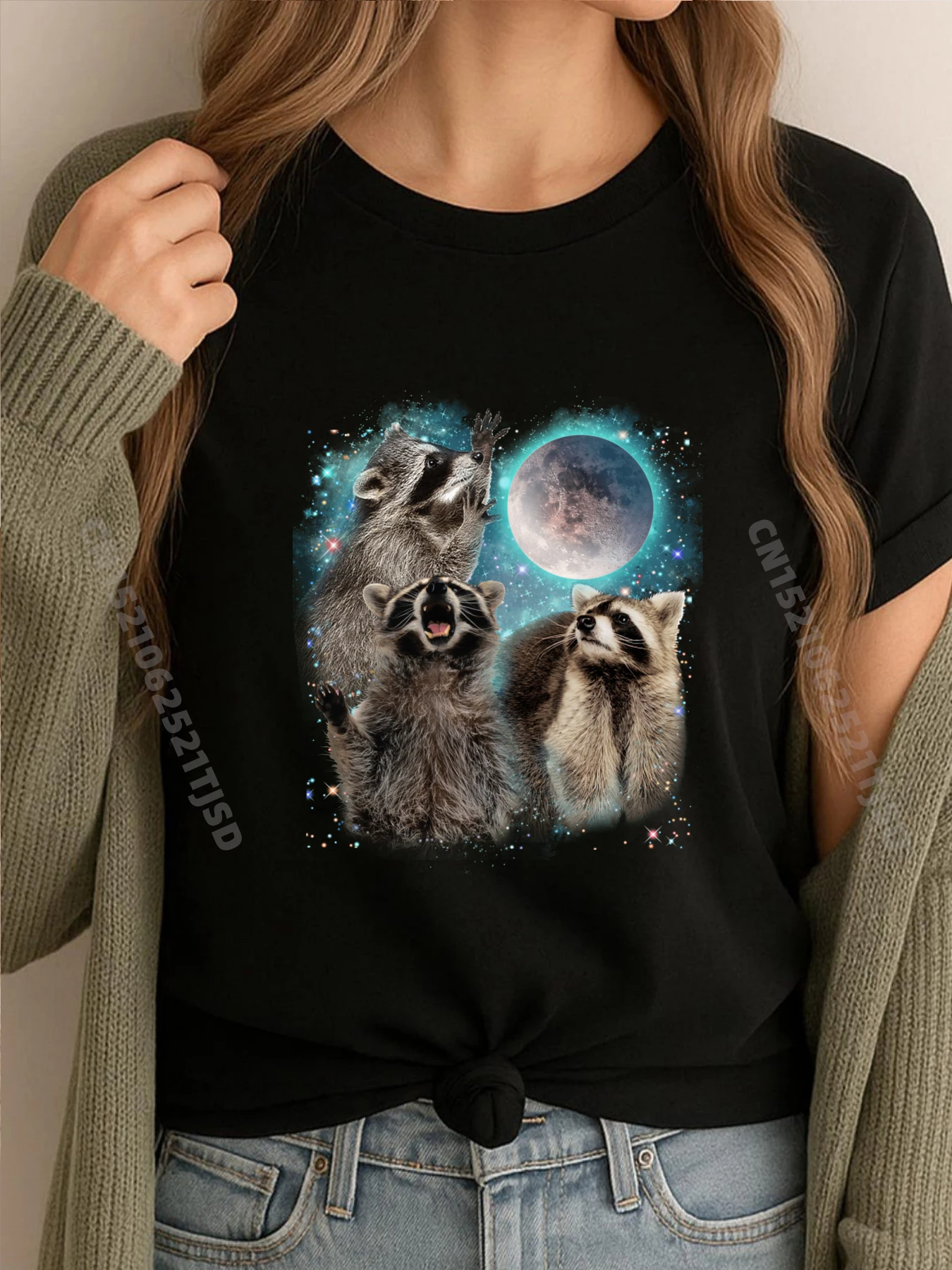 

3 Racoon Moon Howling Голова енота Забавные для женщин Детские футболки оптом 100 шт. Футболки с осенним ремешком Crazy
