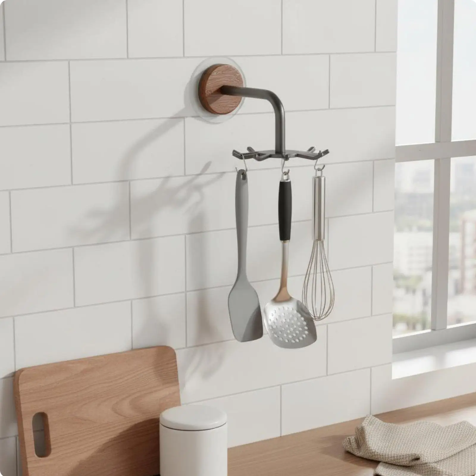 Kitchen Storage Shelf Wall Mounted Floating Rack Hanger Adjustable Hooks Organizer for Cooking Tools