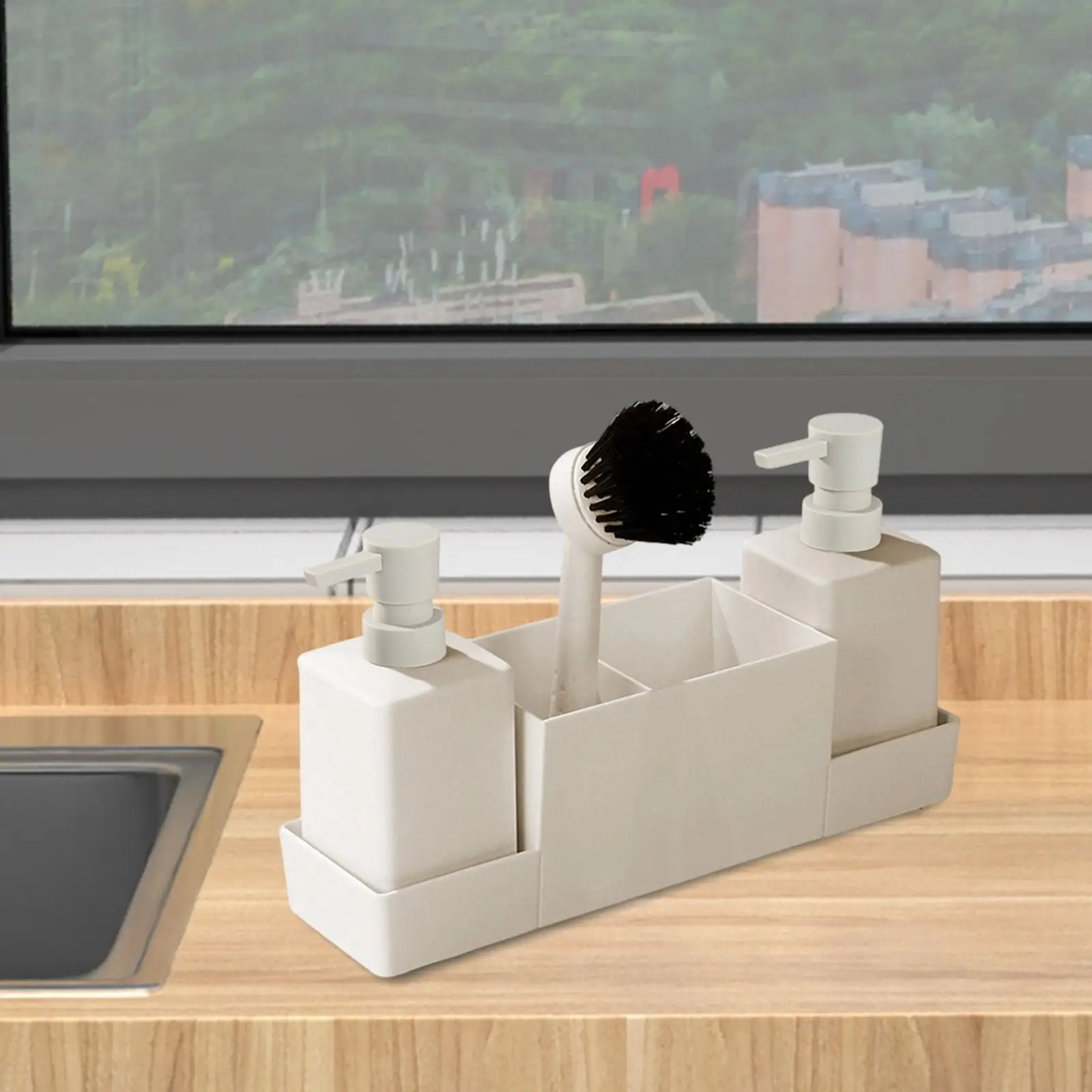 

4Pcs Soap Bottle Storage Tray Brush Set Scrubbers for Sink Hotel Kitchen