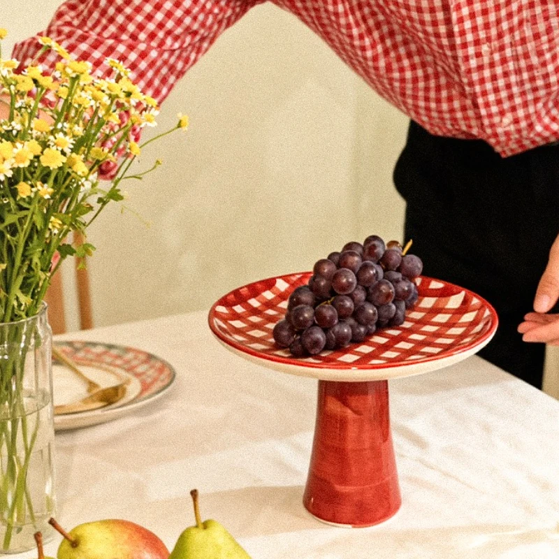 Classic Red and White Checkered Cake Stand Ceramic High-foot Cake Plate Dessert Display Stand for Parties, Weddings, and Gift
