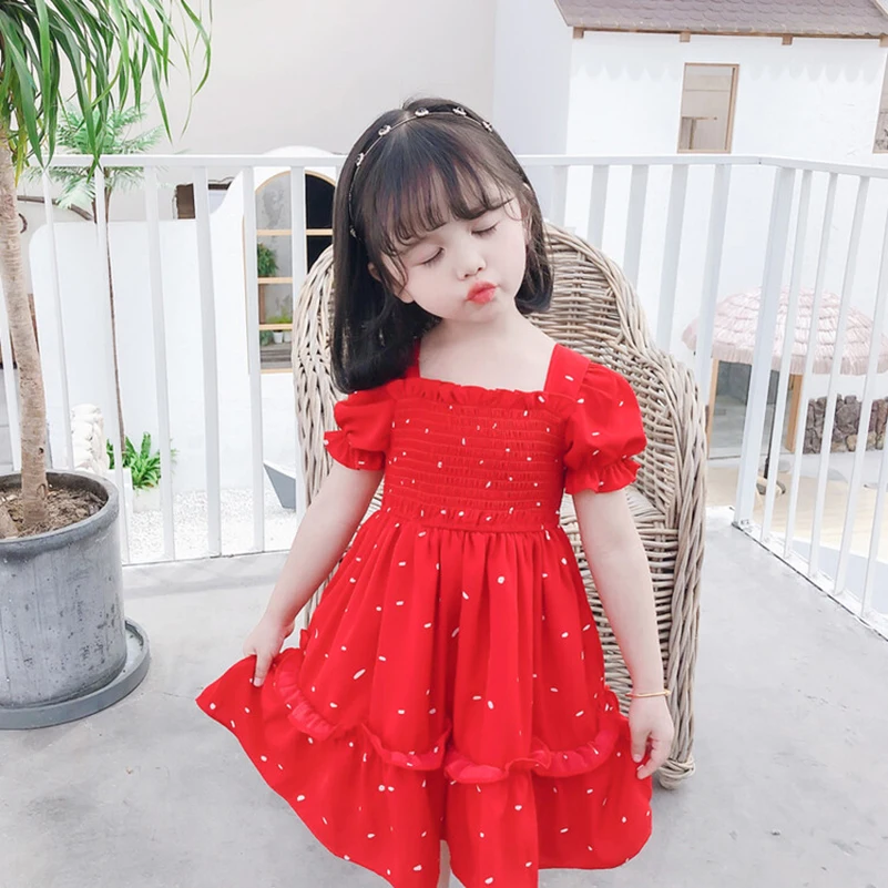 Summer 2024 Girls\' Fashion Baita Red Sweet Print Irregular White Dot Short sleeved Skirt/Chiffon Dress 1-6 Years Old