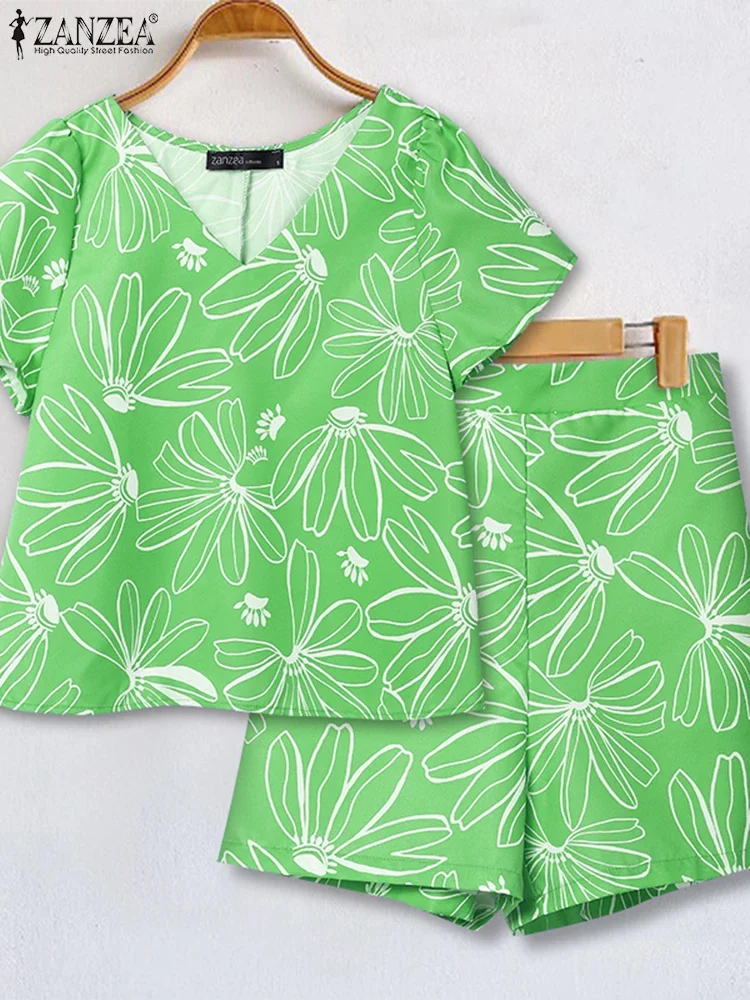 

ZANZEA Women Short Sets 2025 Summer Vintage Printed Short Sleeve V-Neck Tunic Tops and Shorts Fashion 2PCS Casual Loose Sets