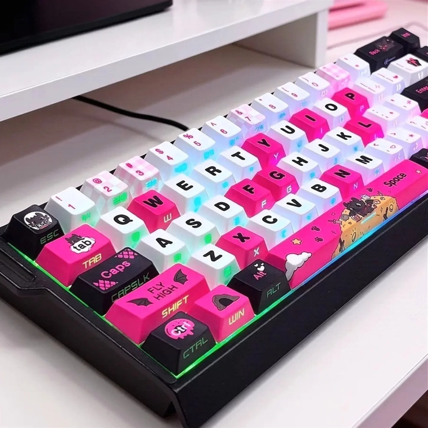 Cute Black Pink Cherry MOA Keycaps 74/112/129 PBT Backlit Side Printed Keycap Set for Mechanical Keyboard Magnetic Switch
