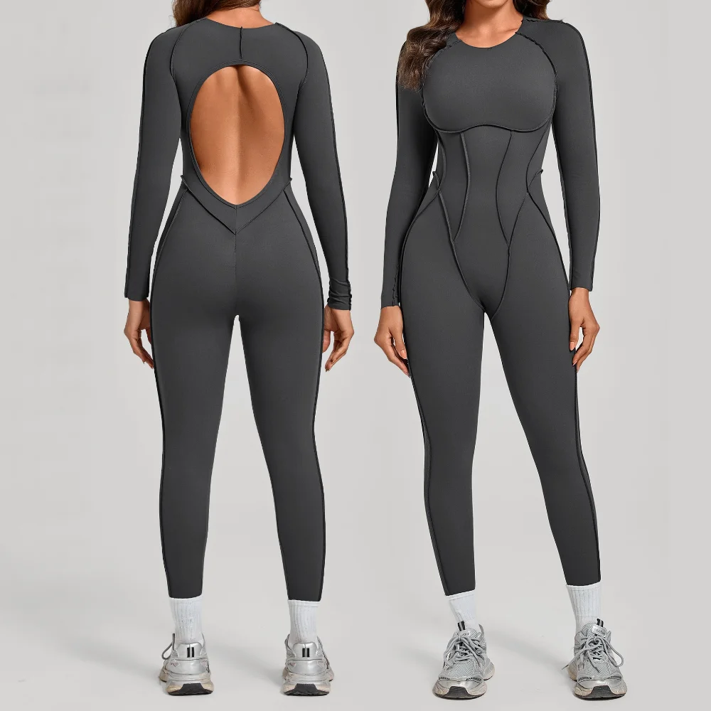 Yoga Set Fitness Jumpsuits Women Workout Romper Zipper Long Sleeves Sports Bodysuit Quick Drying Yoga Clothing Push Up Gym Suit