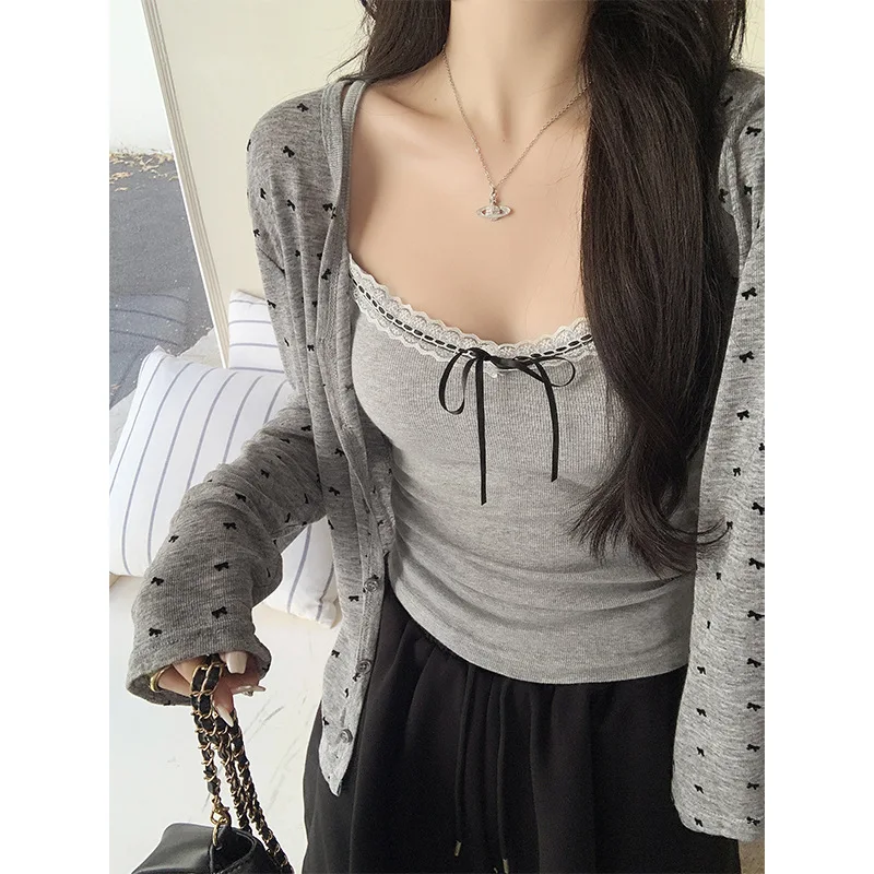 Gentle Wind Pure Desire Bow Thin Sunscreen Cardigan Women's Early Autumn Match with Small Strap Long Sleeve Shawl Short Top