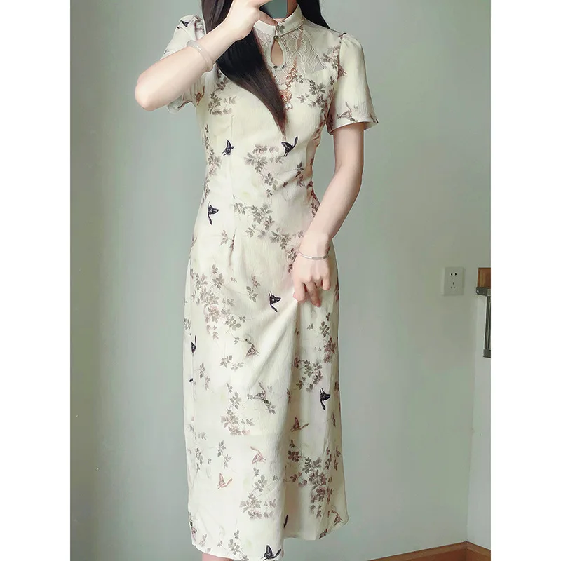 

2023 New Chinese Style Chiffon Cheongsam Mid Long High-fashion Butterfly Floral Qipao Women Summer Beige Drip Collar Dress