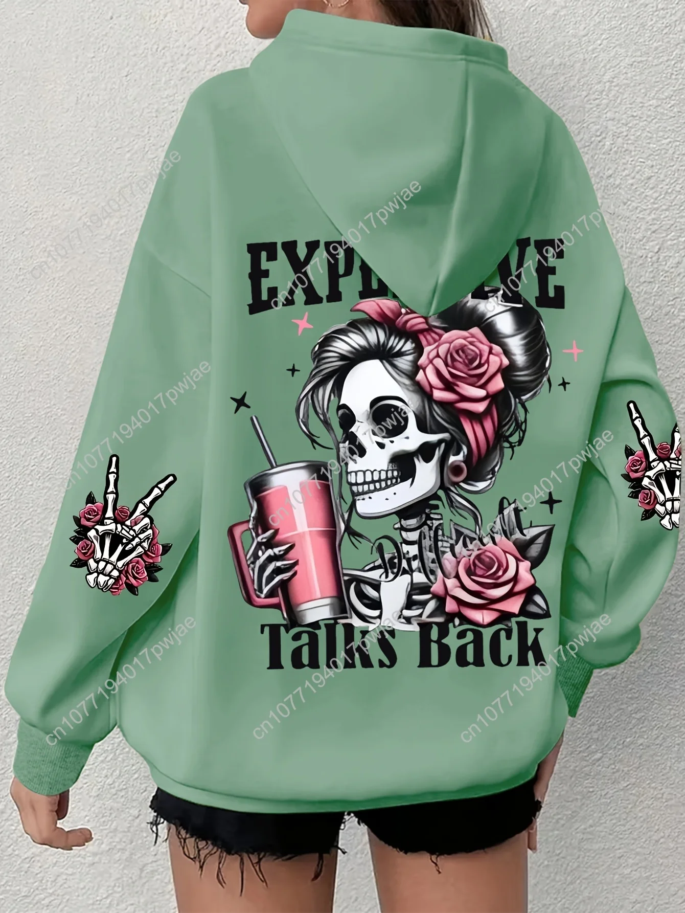 [Roupas femininas] Moletom com capuz plus size com estampa de caveira |   Cordão casual de manga comprida para outono inverno