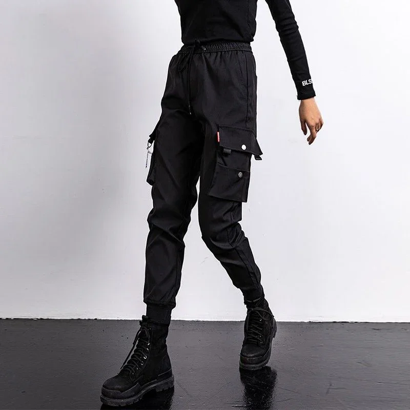 السراويل البضائع السوداء النساء ركض غير رسمية الصديقين فضفاضة الإناث الهيب هوب السراويل الكورية كابري الشارع الشهير فام السراويل جيوب #4