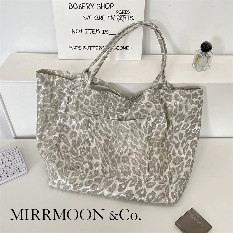 

Women Silver Leopard Print Canvas Shoulder Bag, 2025 Autumn Winter New Fashion Casual Tote Bag, Large Capacity Commuter Handbags