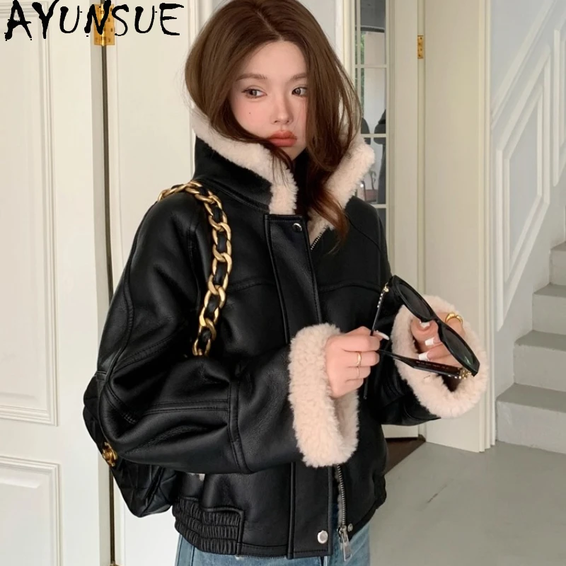

AYUNSUE 100% Wool Coat Women Winter Jackets 2025 Lamb Wool Womens Coats Luxury Clothing Female Motocycle Jacket Шуба Жен